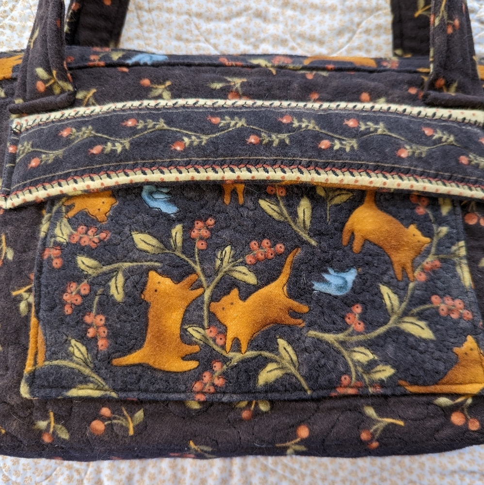 Frisky Kitties Handmade Quilted Handbag, Double Straps, Zip Closure - Picture 2 of 9